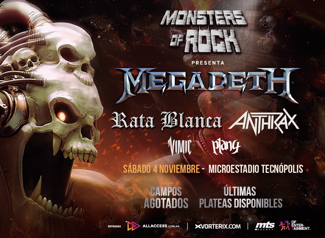 ¡Vuelve el Monsters of Rock! Megadeth, Anthrax, Rata Blanca, Vimic y Plan 4 en vivo el 4 de noviembre en Tecnópolis
